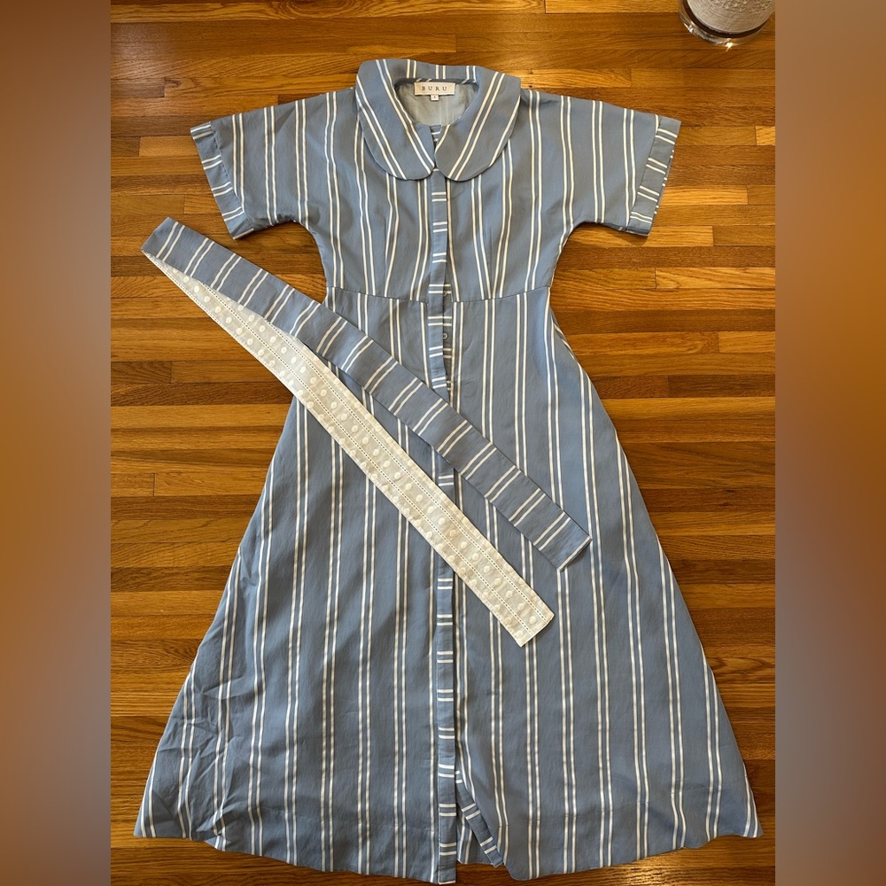 Blue Midi Dress with Peter Pan Collar and Short Sleeves